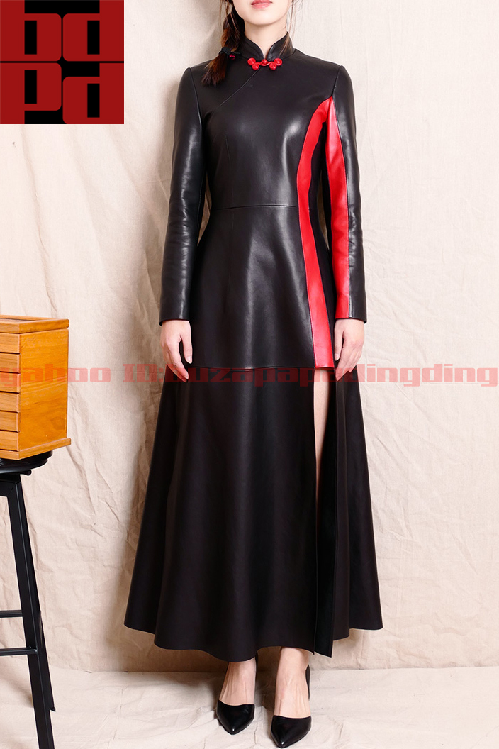 ハイエンド 手作りチャイナボタン 改良チャイナドレス 輸入ラムレザー ロングワンピース 長袖 エレガント フォーマル 大人可愛い 礼服 Z93拍卖