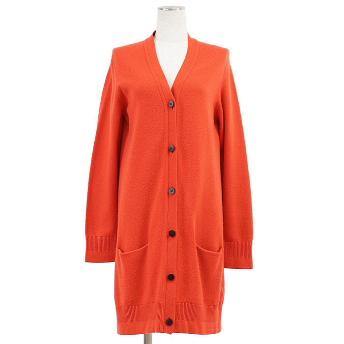【美品】HERMES エルメス ロングカーディガン ニット カシミヤ100% ミドルゲージ Vネック レディース 38 オレンジレッド 38 英国製拍卖