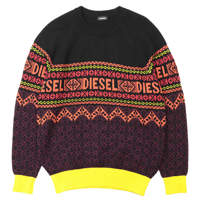 SALE【美品】DIESEL ディーゼル セーター ニット ロゴ ジャガード ノルディック プルオーバー 長袖 トップス メンズ S マルチカラー 伊製拍卖