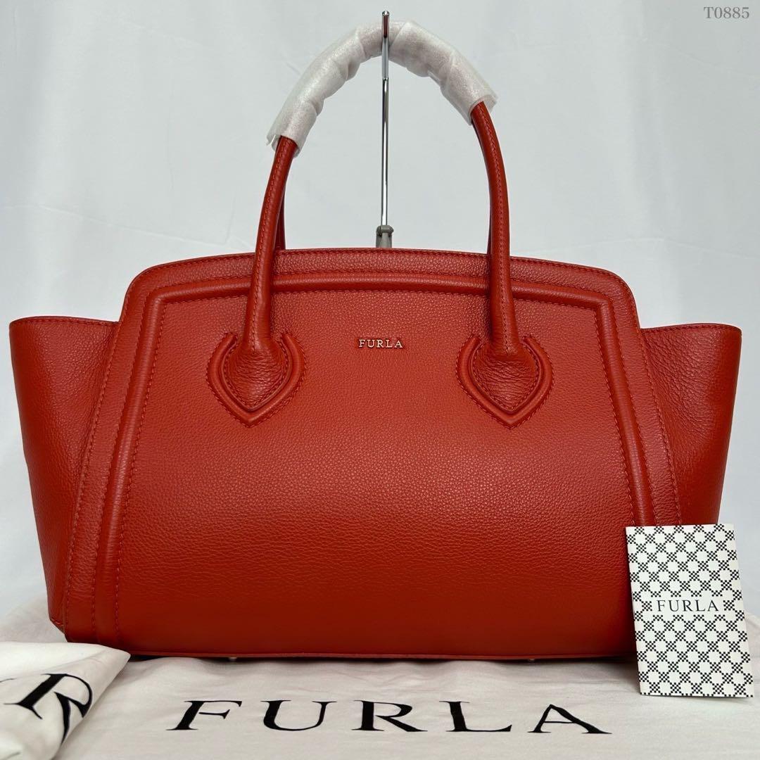 【未使用品/保存袋付】FURLA フルラ カレッジ トートバッグ ビジネスバッグ レザー シボ革 手提げ レッド 赤 A4可 通勤 通学 レディース拍卖