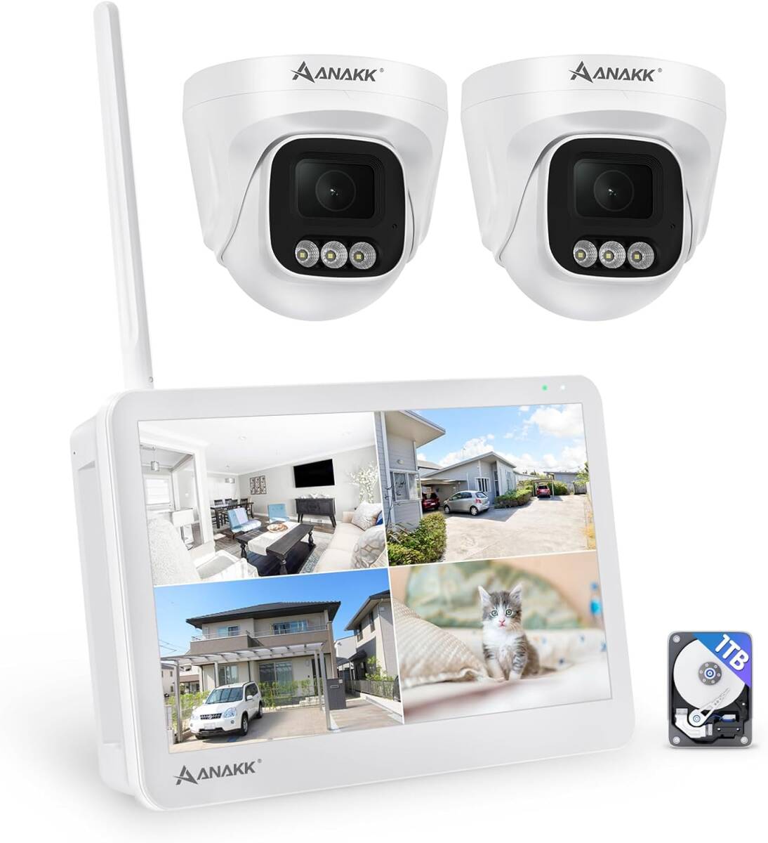 【セール】Anakk ワイヤレス 防犯カメラ 500万画素 130°広角 IP67 ドーム型 夜間カラー AI人感センサー wi-fiなくても使える 1TBHDD拍卖