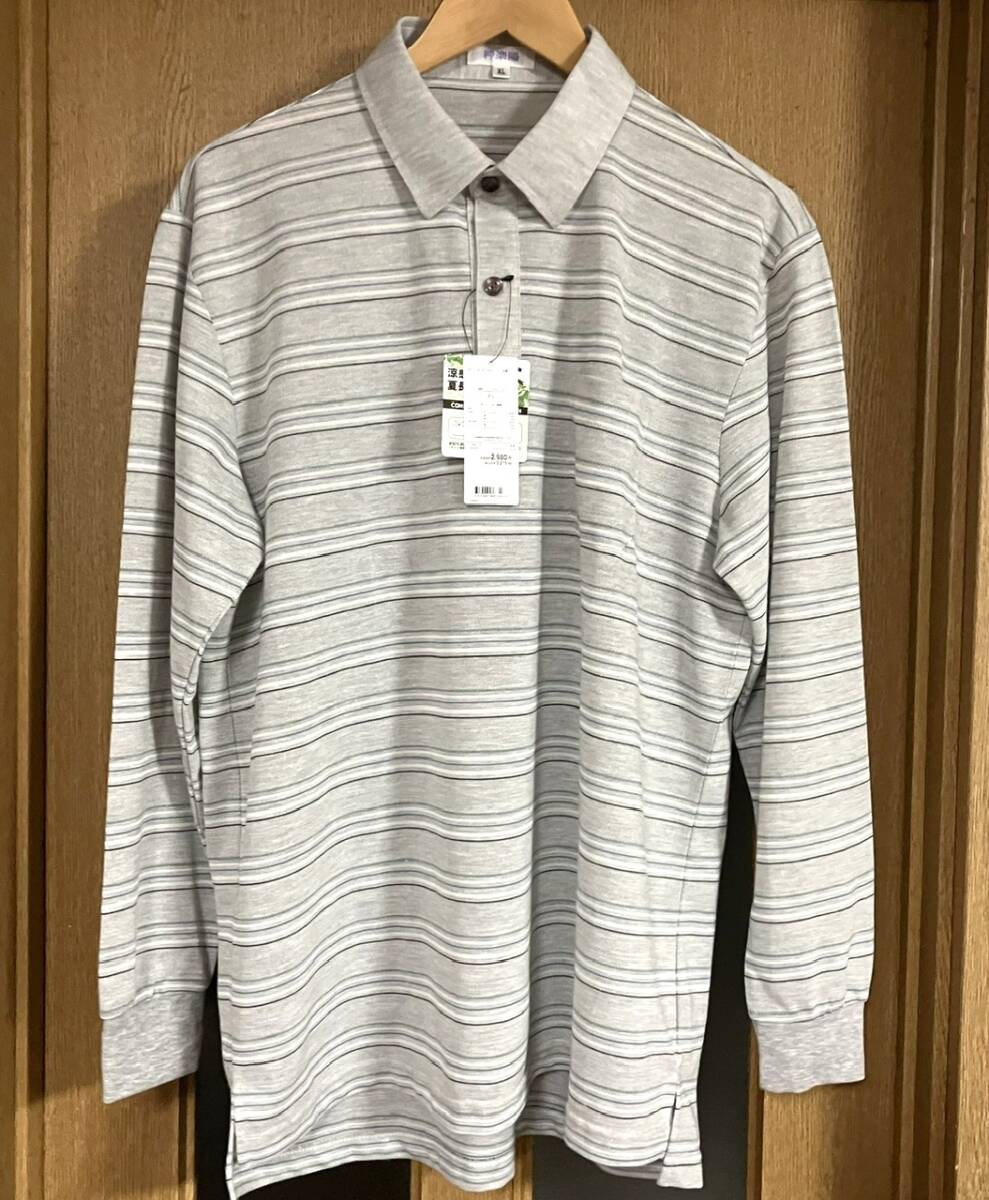 新品 タグ付き イオン キラビ 粋楽陽 シャツ ポロシャツ メンズLL ボーダー柄 淡黒色 グレー 拍卖