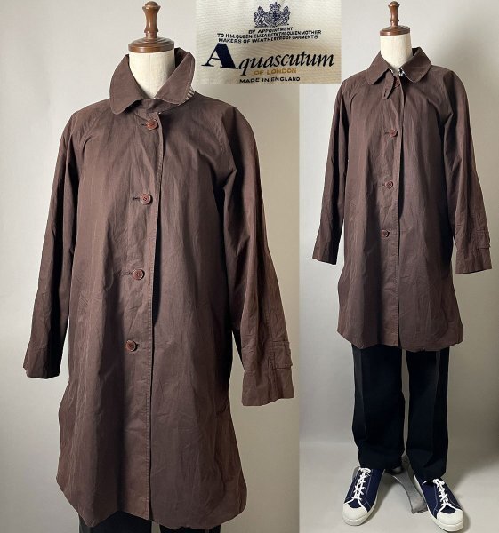 【イングランド製 英国製 80s 90s ビンテージ 色褪せ有】名作 Aquascutum アクアスキュータム コットン系 ボタン シングル コート ブラウン拍卖