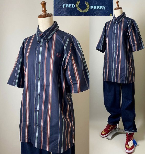 ★【国内正規品 美品 デザイン◎】名作 FRED PERRY フレッドペリー M8563 コットン100% ボタンダウン ストライプ ハーフスリーブ シャツ M拍卖