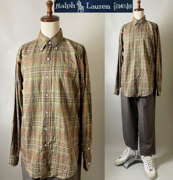 ★【名作 インド製 】90s ビンテージ RALPH LAUREN CLASSIC FIT ラルフローレン クラシック フィットコットン100% チェック柄 シャツ S拍卖