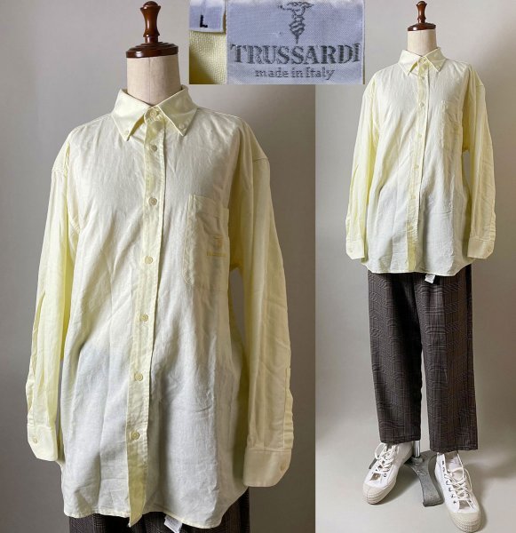 ★【国内正規品 イタリア製】90s ビンテージ TRUSSARDI トラサルディ コットン100% オックスフォード ボタンダウン シャツ L イエロー系拍卖