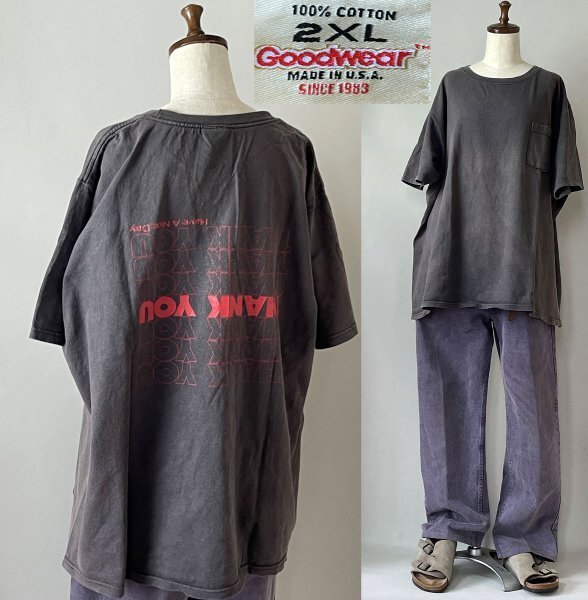 【激安1点のみ!希少 定番 USA製】ビンテージ GOODWEAR グッドウェアー 背面 プリント ポケット付き ポケット Tシャツ 2XL チャコール 半袖拍卖