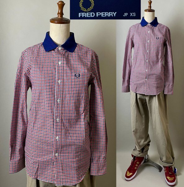 ★【国内正規 USED品 替えの衿欠損】 FRED PERRY フレッドペリー F4330 ダブルカラー コットン100% チェック柄 シャツ XS ネイビー レッド拍卖