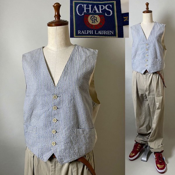 【激レア 美品 国内正規品】CHAPS RALPH LAUREN チャップス ラルフローレン コットン100% シアサッカー ジレ ボタン ベスト M グレー系拍卖