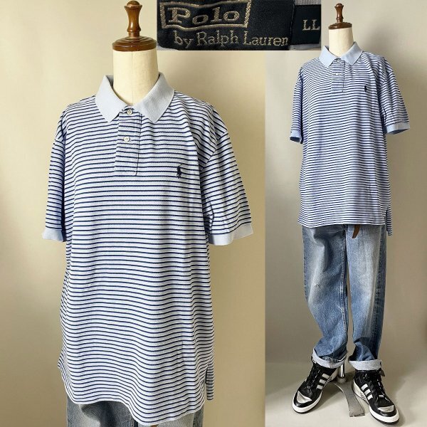 ★【名作 美品 国内正規品 】00s Y2K POLO by RALPH LAUREN ポロ ラルフローレン コットン 100% ボーダー ポロシャツ LL (XL相当) ブルー拍卖
