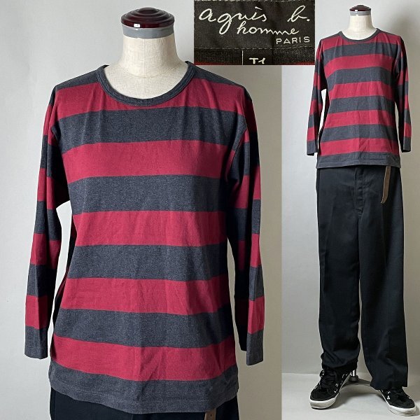 ★国内正規品 名作 定価15,400円程 日本製 agnes b.homme EH28J019 12H (J019) アニエスベー オム 太ボーダー 七分袖 ロンT Tシャツ T1拍卖