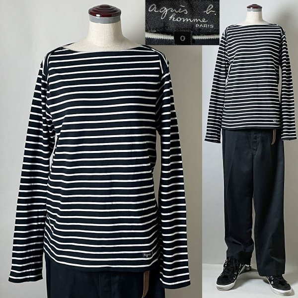 ★並品★【名作 ルーマニア製】 agnes b.homme EK20JP57 アニエスベー オム 細ボーダー ボートネック 肩レイヤード ロンT Tシャツ 0 長袖拍卖