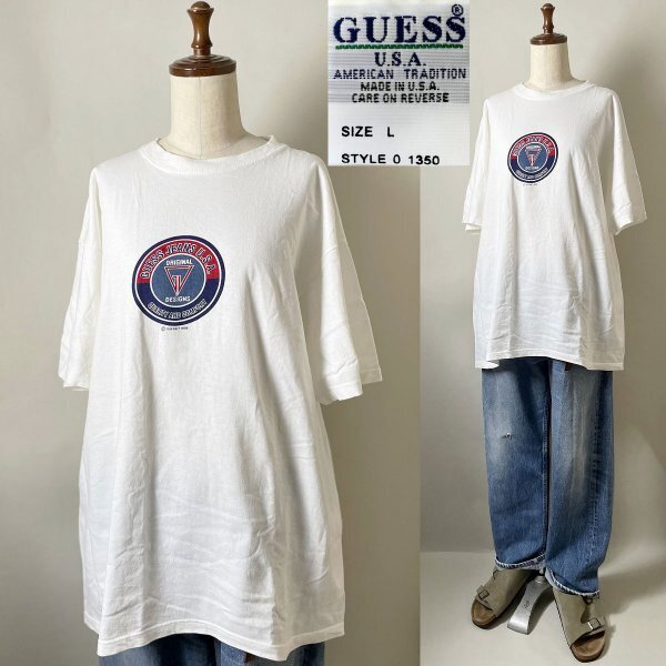 ★【ビンテージ 激レア 1996 コピーライト有】USA製 ビンテージ 90s オールド GUESS ゲス コットン100% サークル ロゴ 半袖 Tシャツ L 白拍卖