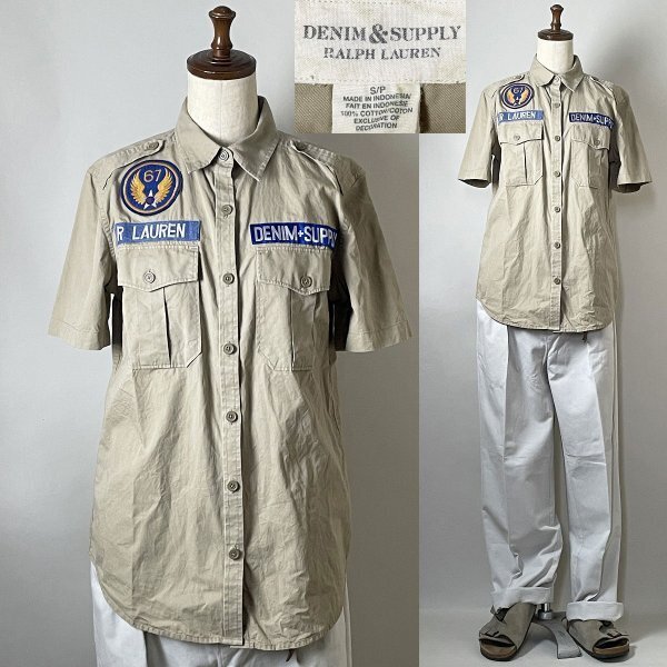 ★並品 【デザイン◎ 名作】 DENIM&SUPPLY RALPH LAUREN デニム&サプライ コットン100% ミリタリー 軍 ワッペン シャツ S 半袖 ベージュ拍卖