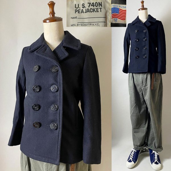 ★【USA製 希少サイズ 名品!】 Schott ショット ウール素材 厚手メルトン 裏地付き pコート サイズ12 ブラック(ピーコート)USED拍卖