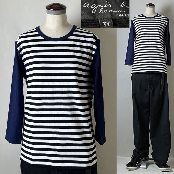 ★美品★【名作 日本製】 agnes b.homme アニエスベー オム EK42 J008 細ボーダー 両袖切替え ボーダー 七分袖 ロンT Tシャツ T1 長袖 紺拍卖