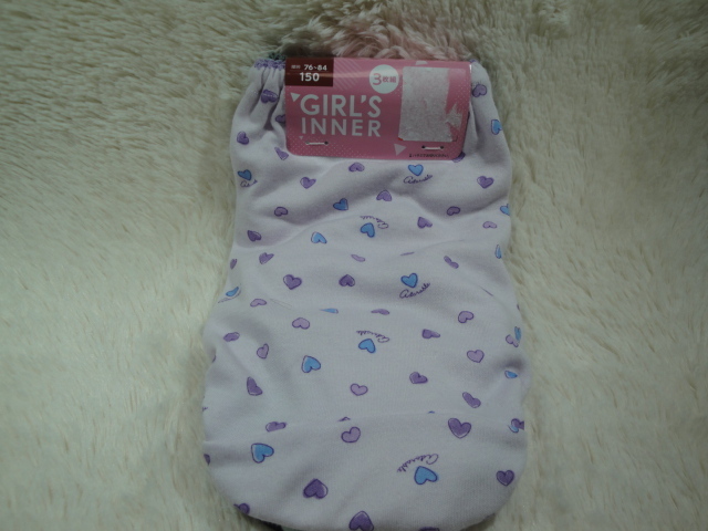 S新品150-704 3枚組 ジュニアショーツ 薄紫ハート総柄 + 薄緑総柄 + 黒チェリー総柄拍卖