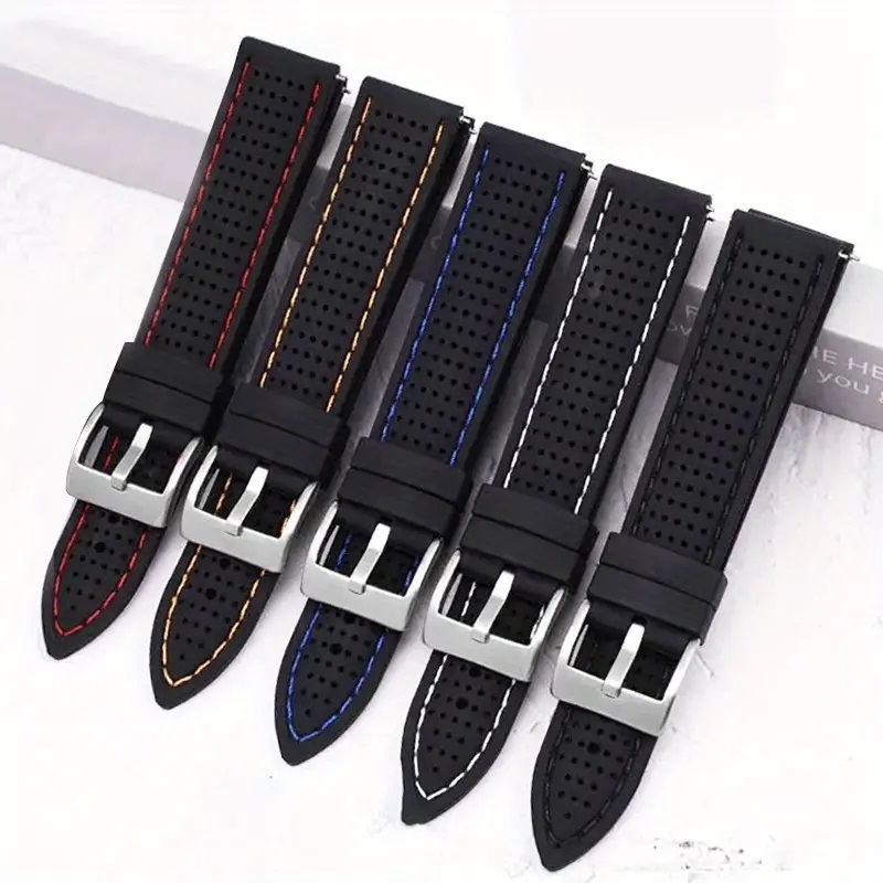新品 時計用 ベルト ラバーリストバンド ソフトシリコンゴム製 工具不要着脱 カラー: 黒(ステッチ: 青) 取付: 幅: 20mm 管理No.37171拍卖