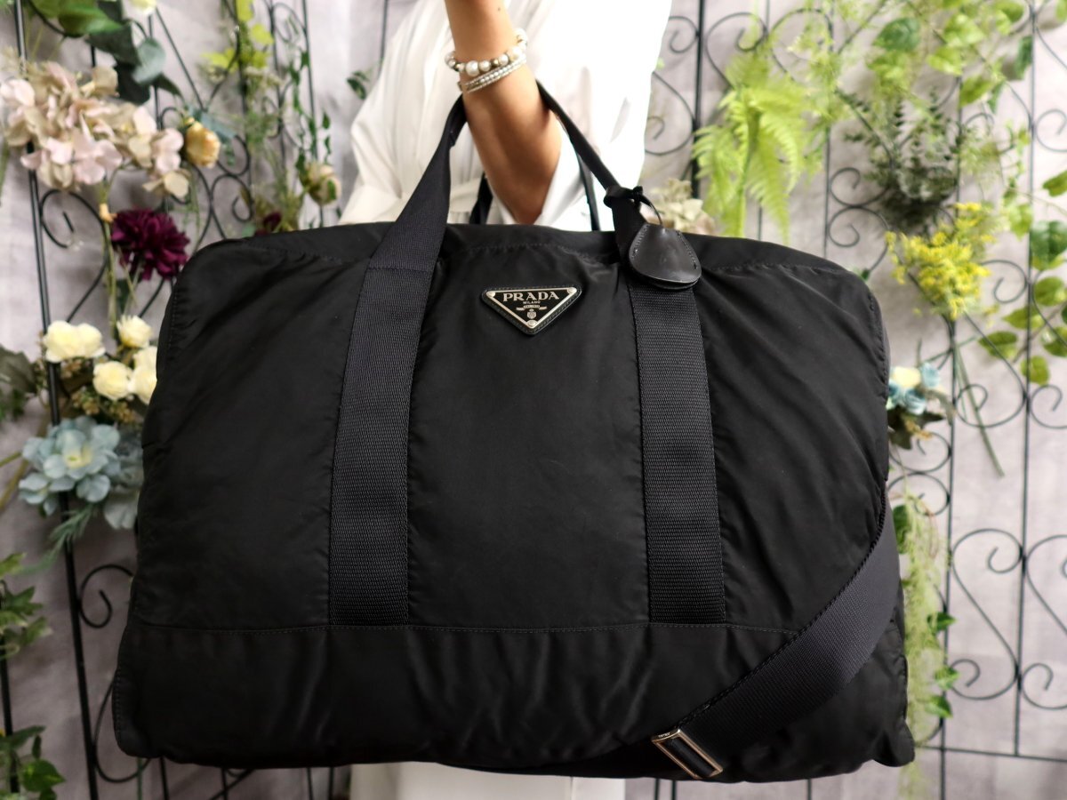 ●超美品●PRADA プラダ●三角ロゴプレート●ポコノ ナイロン カーフ レザー 本革●2way ボストン バッグ●黒●シルバー金具●Js60012拍卖