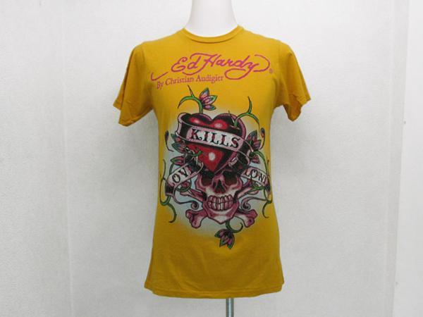 EdHardy NEWタイプLKSラインストーン貼付けプリント半袖Tシャツ 黄イエロー メンズS / エドハーディー男性ラブキルズスローリーTee拍卖