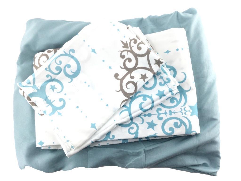 寝具カバー 3点セット プリント カバーリング ベッド用 ダブル用 オーナメント柄 ブルー系拍卖