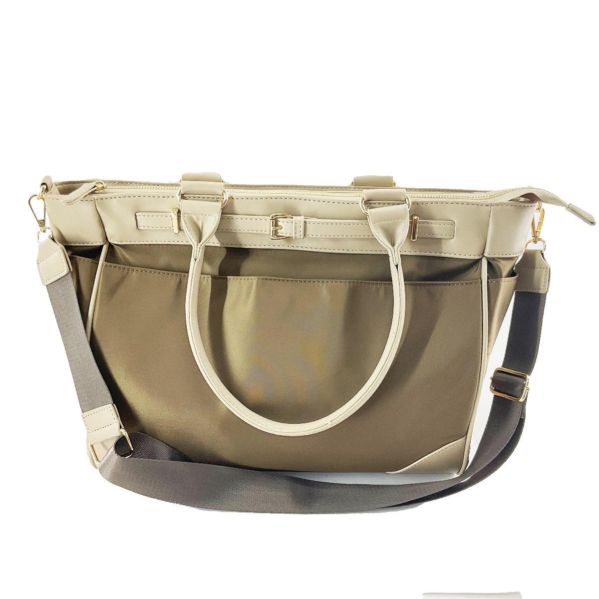 訳あり 10ポケット はっ水ベルトデザイン 2WAY トートバッグ A4対応 ベージュxモカ拍卖