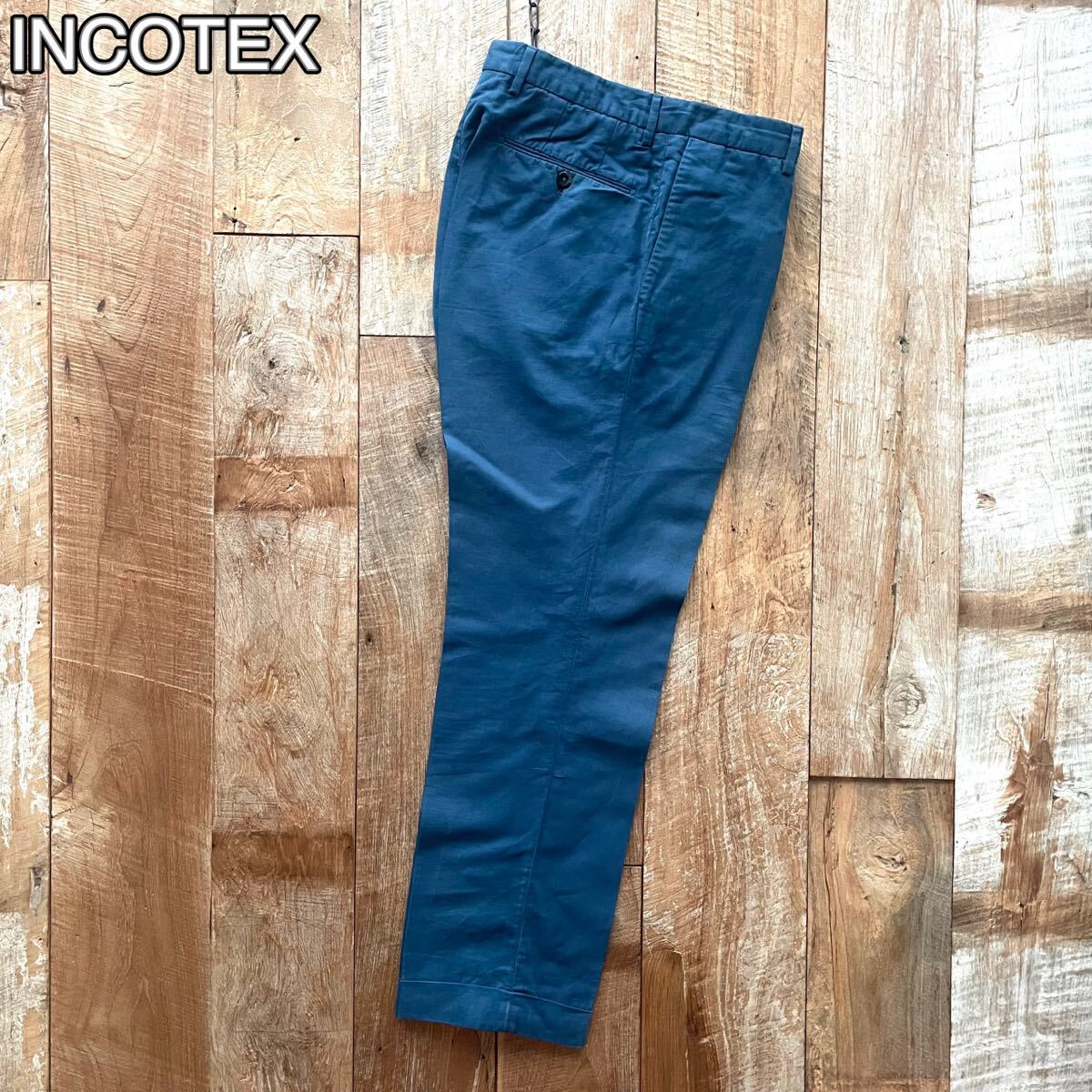 【美品】INCOTEX インコテックス CHINOLINO テーパード リネン コットン スラックス パンツ 32 ブルー BEAMSF取扱拍卖