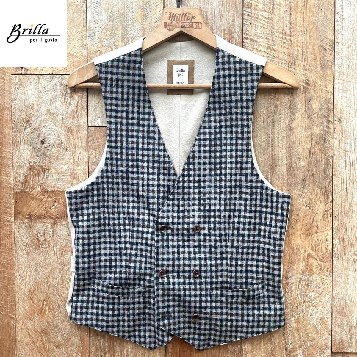 【極美品】Brilla per il gusto ブリッライルペルグスト Loro Piana ロロピアーナ チェック カシミヤ混 ダブル ジレ ベスト XS BEAMSF取扱拍卖