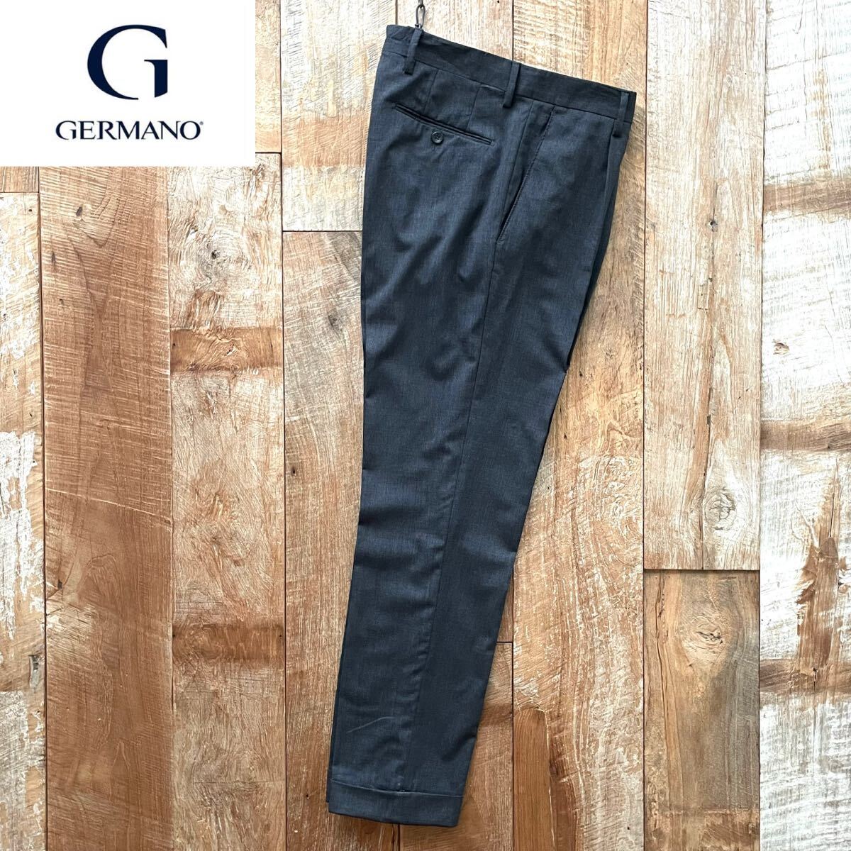 【美品】GERMANO×BEAMSF ジェルマーノ ビームスエフ 1プリーツ 1タック テーパード ウール スラックス パンツ 46 チャコールグレー拍卖