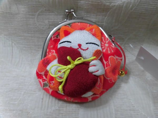 864 ちりめんガマ口財布 招き猫とひょうたん 赤系拍卖