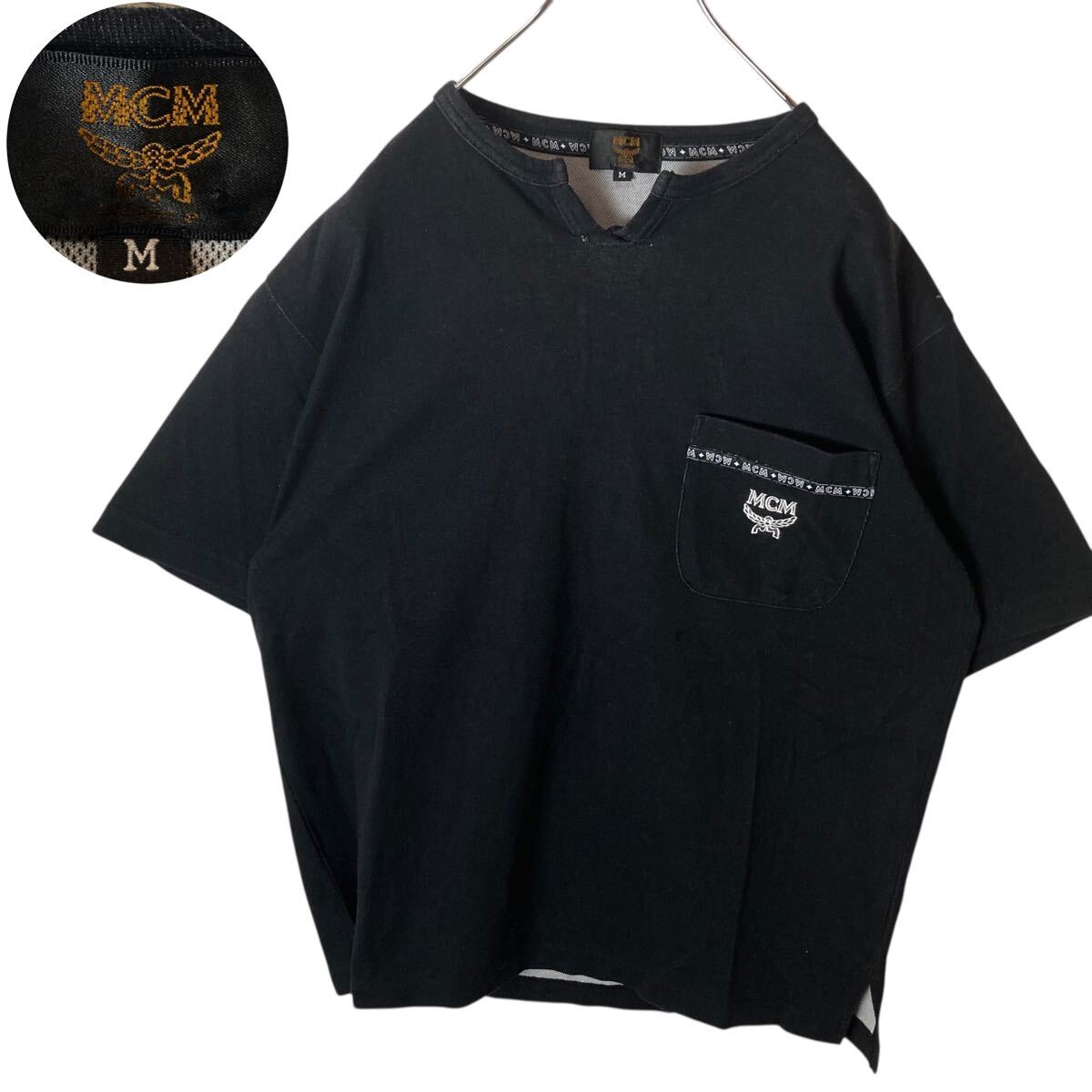 グッドデザイン古着MCM胸ポケ×刺繍ロゴ×スキッパーネック ブラックTシャツ拍卖