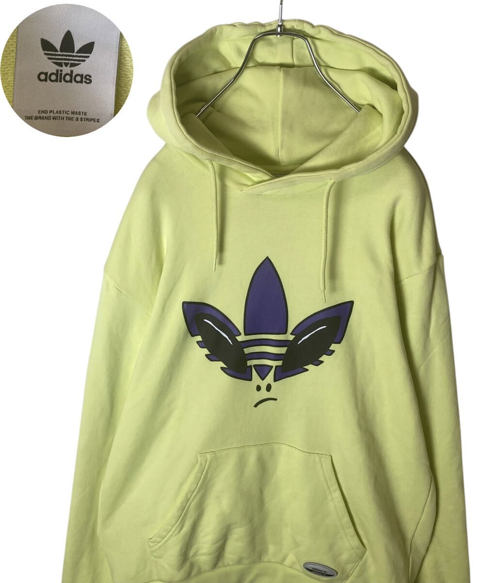 adidas宇宙人ビッグトレフォイルロゴ レモンイエロースウェットパーカーL拍卖