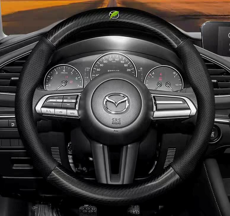 マツダ 専用 ハンドルカバー ステアリングカバー 円型 本革 カーボン調拍卖
