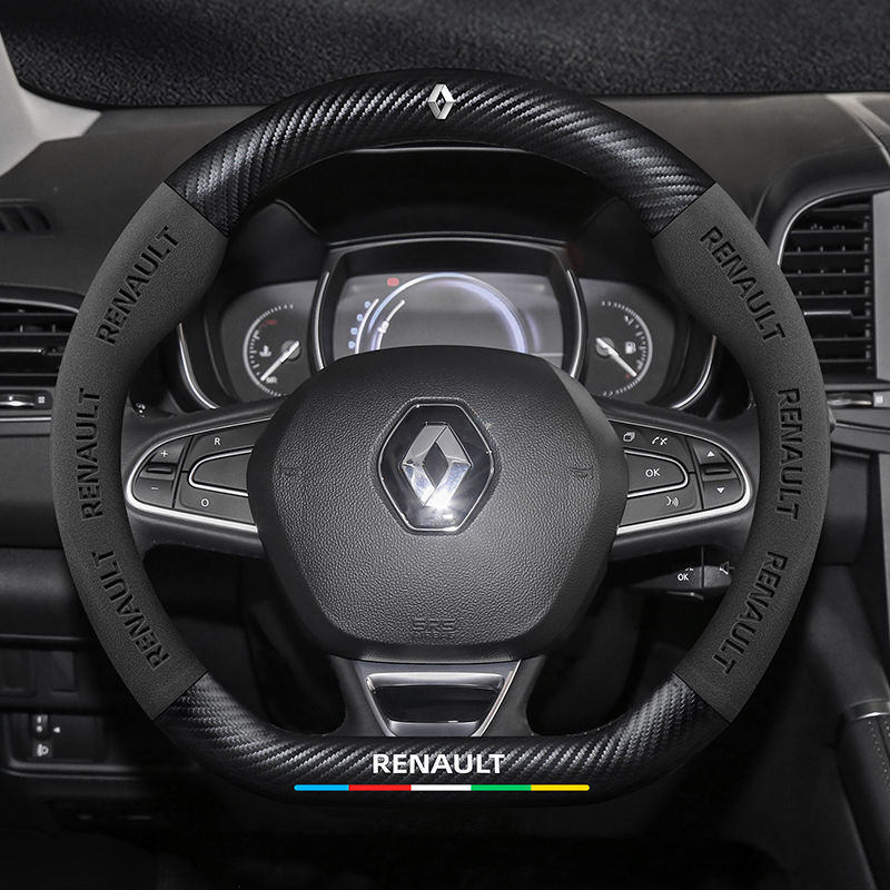 ルノー ハンドルカバー レザー製 ステアリングカバー 滑り止め 握りやすい D型 スエード素材 カーボン調拍卖