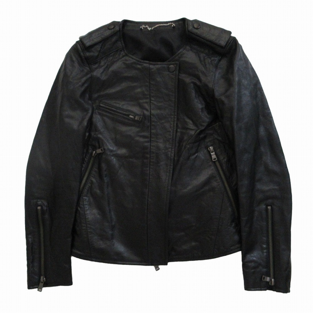 5351pour les FEMMES 3490030102 レザーノーカラージャケット ショート丈 アウター Y2K ブラック サイズS レディース 【中古】拍卖