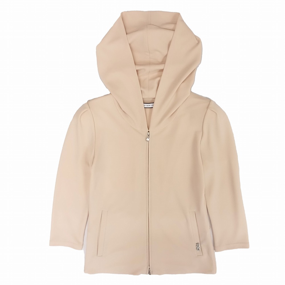 フォクシー FOXEY NEW YORK ストレッチ パーカー ジャケット ブルゾン 七分袖 ダブルジップ ロゴ 38 S ベージュ レディース 【中古】拍卖