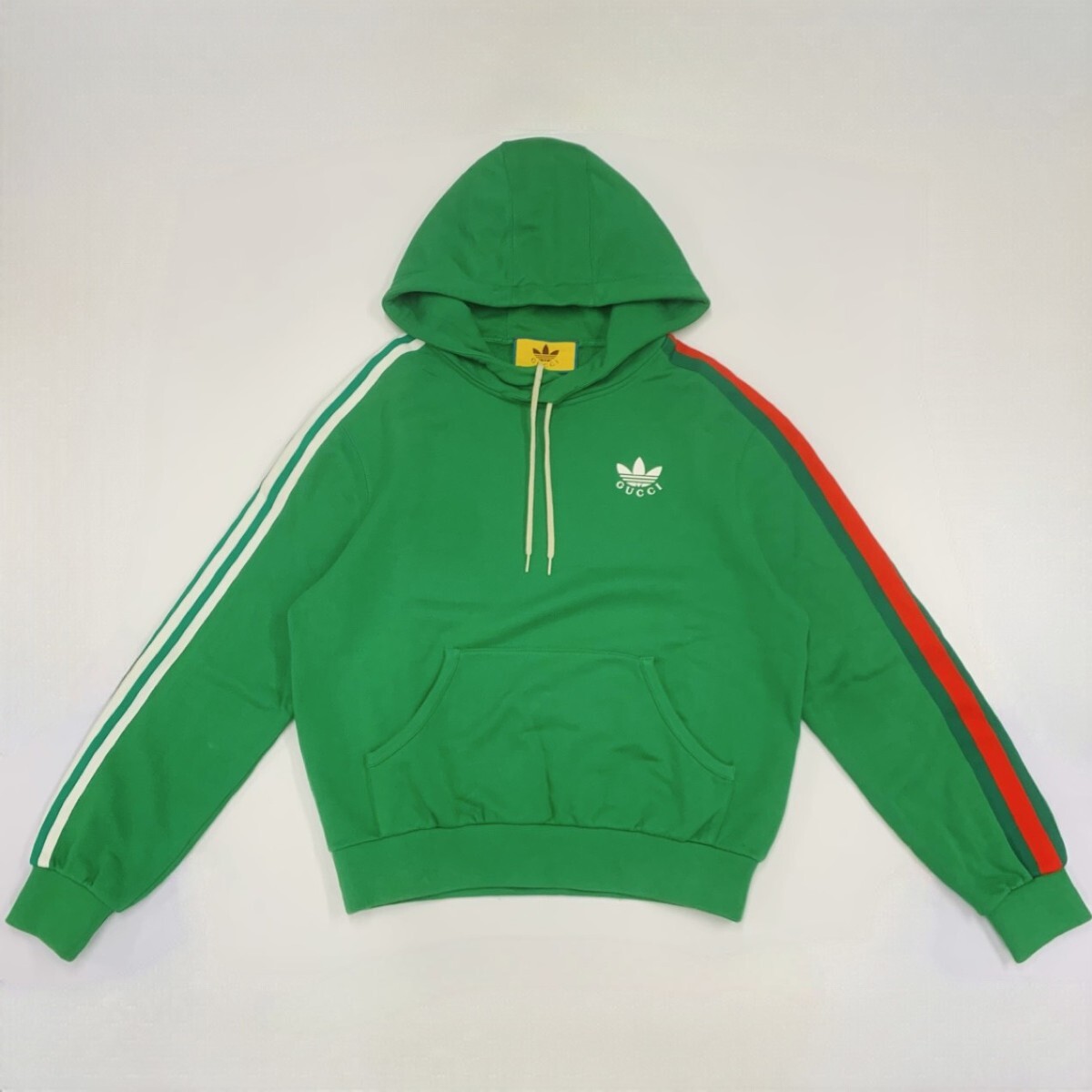 1円〜【正規品 限定 コラボ】GUCCI × adidas アシンメトリーラインスウェットプルオーバーパーカー グリーン S グッチ アディダス 拍卖
