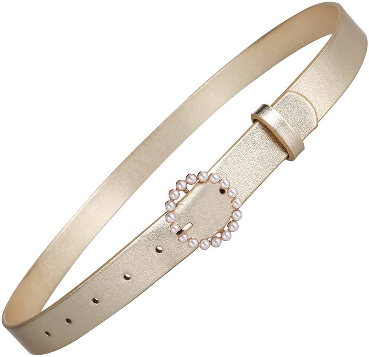 送料無料 真珠ベルト レディース 細ベルト ベルト ウエストマーク ゴールド 新品拍卖