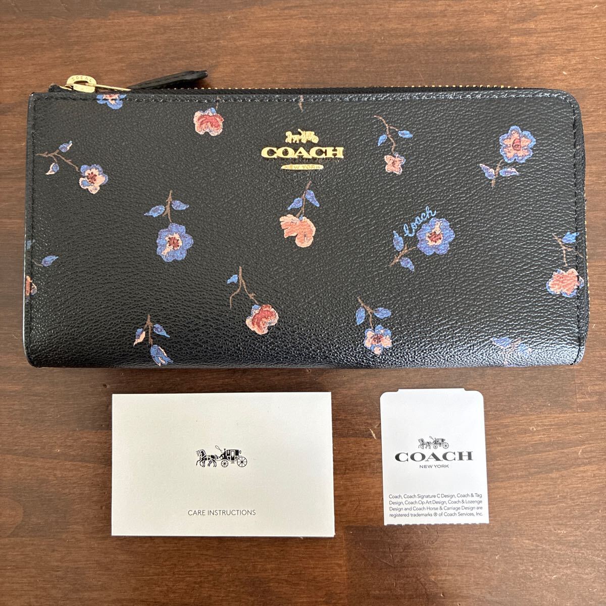 COACH L字ファスナー 花柄 長財布 ウォレット レザー コーチ 黒 拍卖