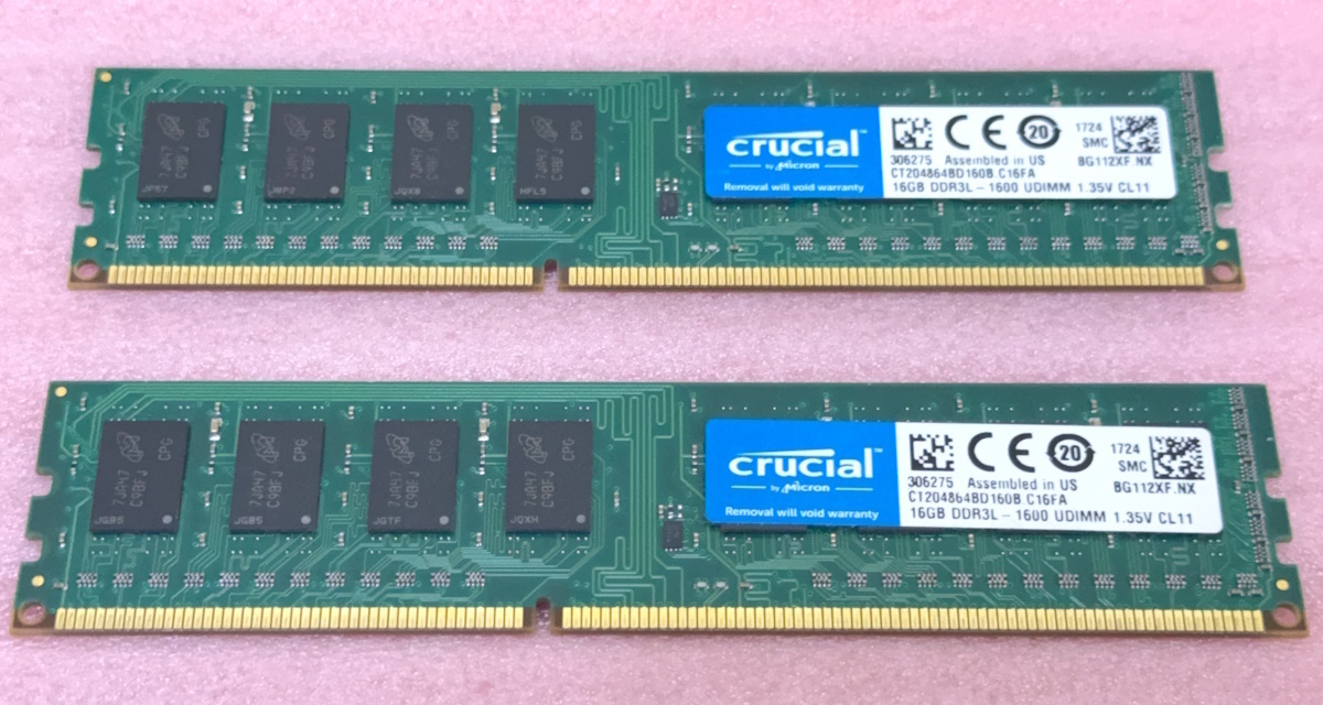 ◆Crucial CT204864BD160B 2枚セット *PC3L-12800U/DDR3L-1600 Micronチップ 240Pin DDR3 UDIMM 32GB(16GB x2) 動作品拍卖