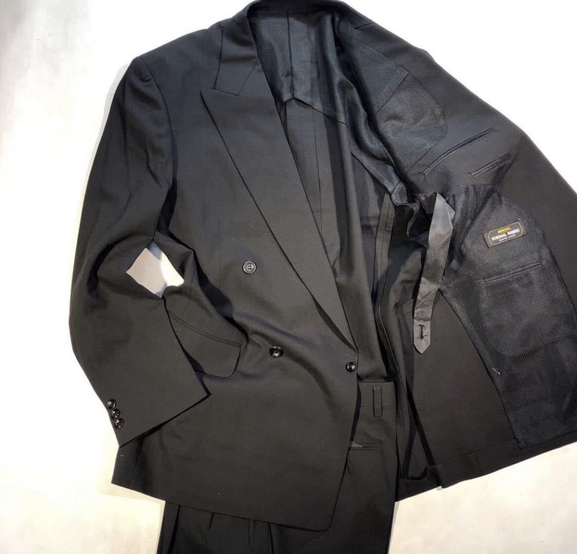 新品 定価3.6万円【サイズA6 L★NIKKE礼服】4Bダブルスーツ 漆黒フォーマル 背抜き ノーベンツ 2タック アジャスター付き ウール喪服拍卖