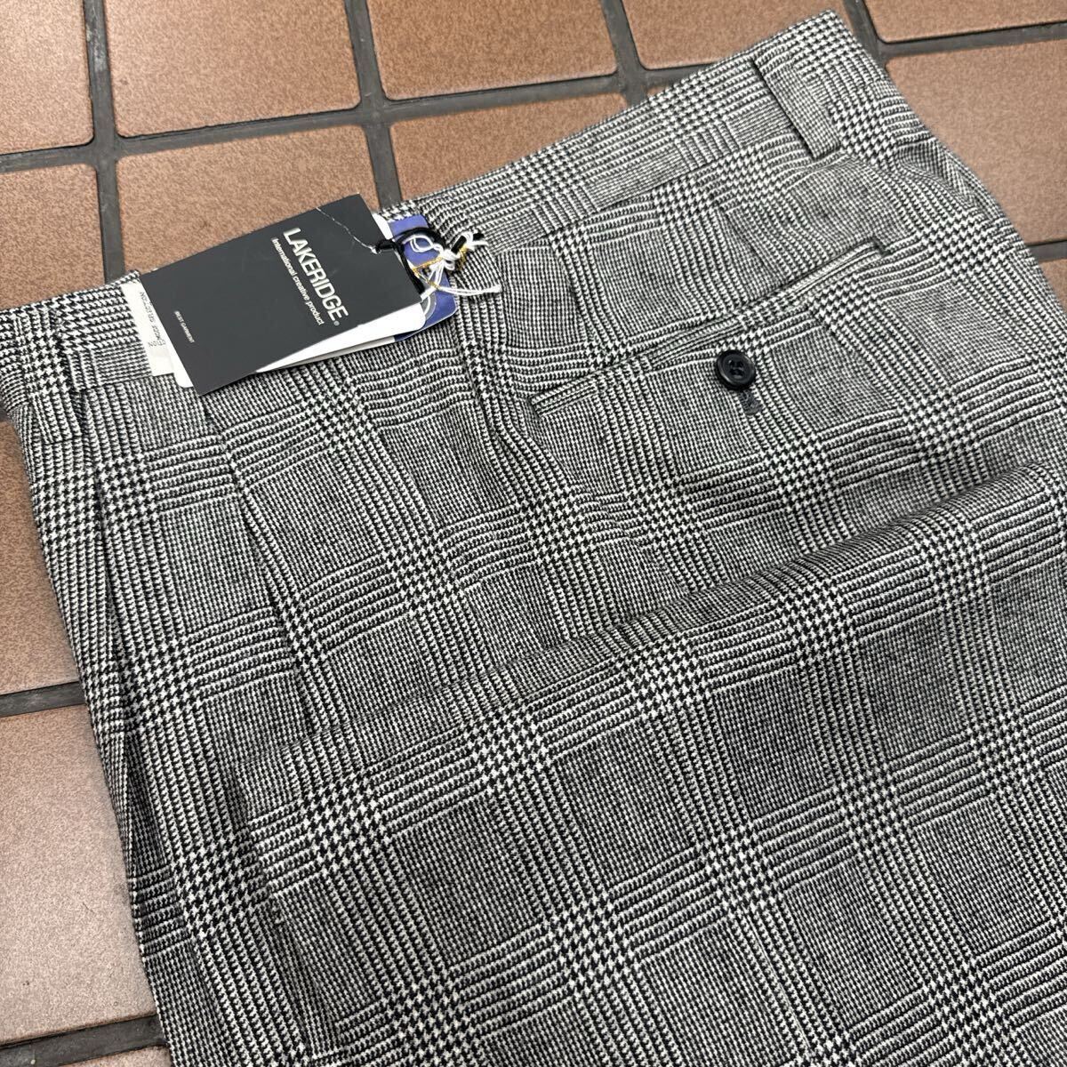 新品☆未使用 グレンチェック W76cm 艶感 グレー系 ウール100% スラックス ゴルフパンツメンズ ゴルフウェア GOLFパンツ ふわふわ生地拍卖