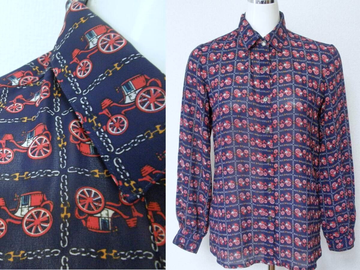レトロ 古着 馬車柄 シャツ ブラウス 紺★昭和 ヴィンテージ vintage クラシカル モード 個性的拍卖