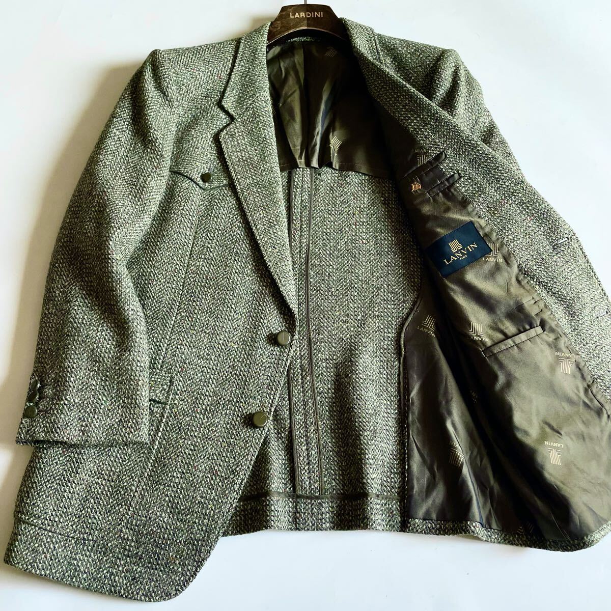 【希少ヴィンテージ◇美品】LANVIN PARIS/ランバン ウールツイード テーラードジャケット L相当 カーキグリーン系 ロゴ裏地 くるみボタン拍卖