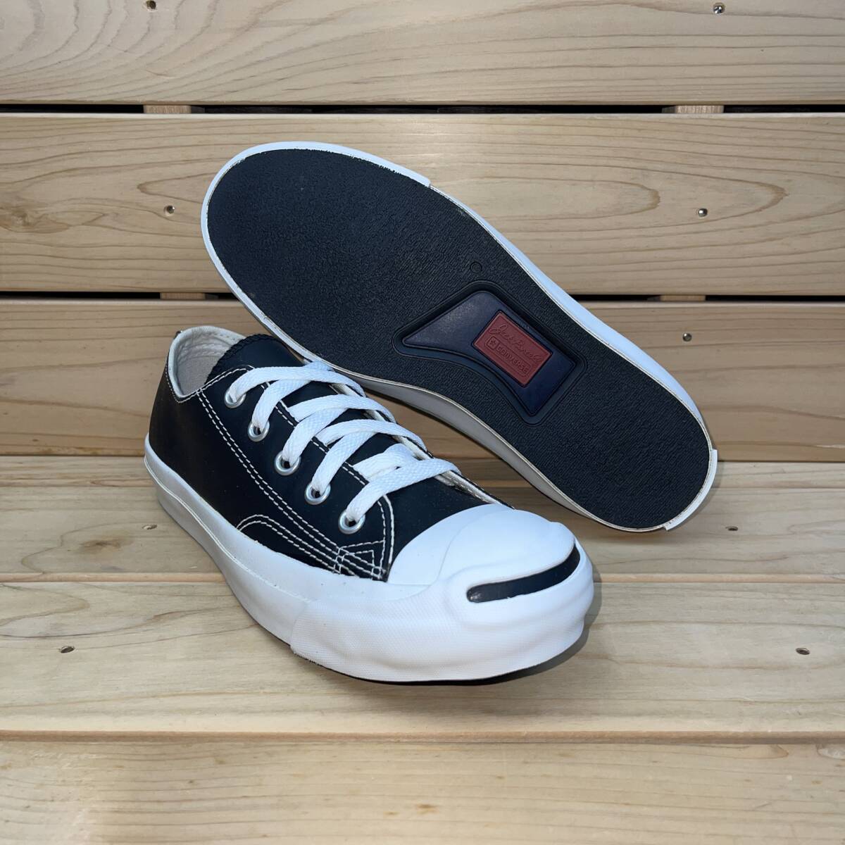 コンバース 22cm レザー ジャックパーセル 税込定価10450円 ブラック ホワイト CONVERSE LEATHER JACK PURCELL スニーカー 黒 白 天然皮革拍卖