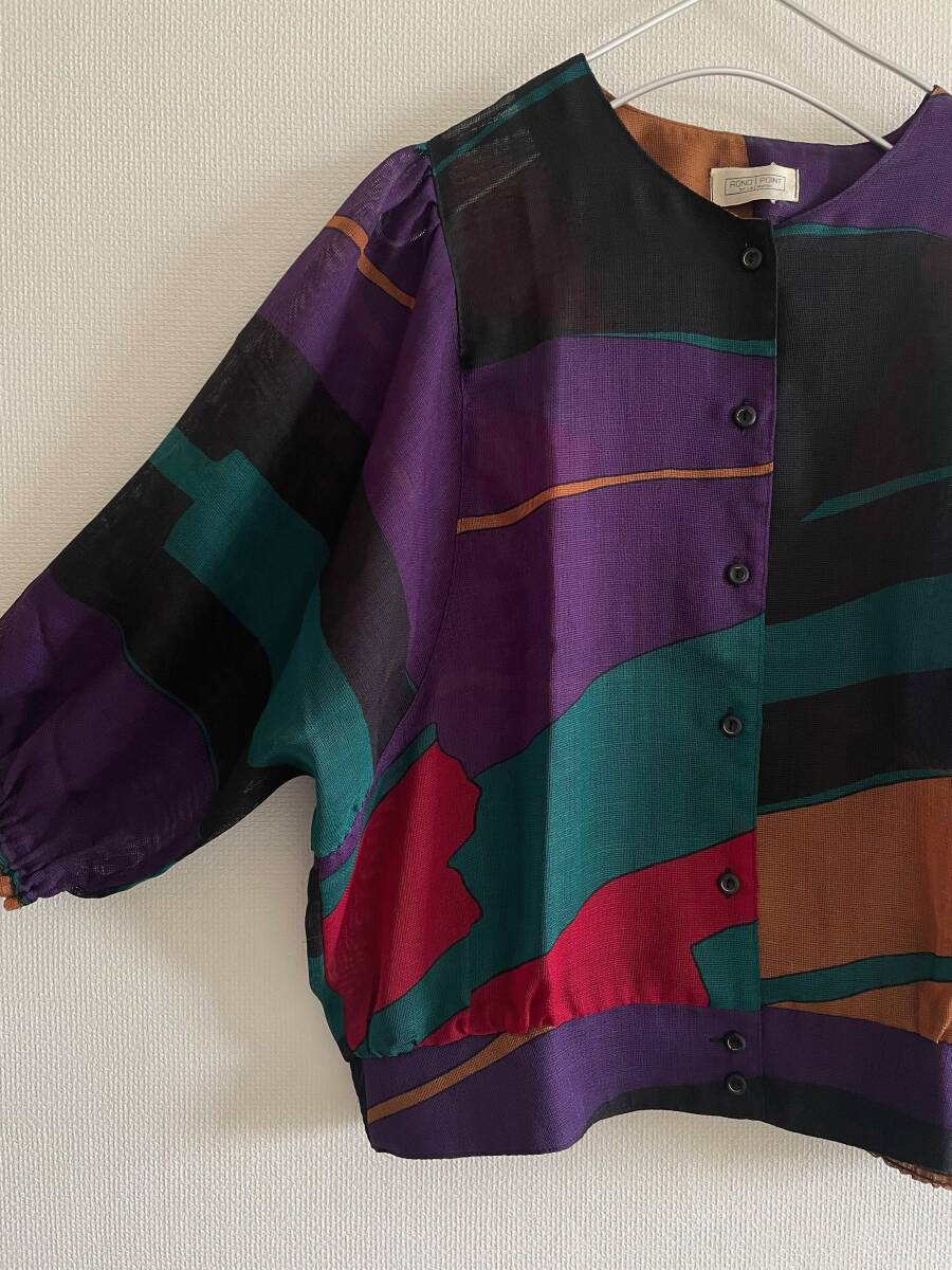 *80's 柄ブラウス/日本製 ポリエステル 5分袖 パフスリーブ レトロ古着 透け感拍卖