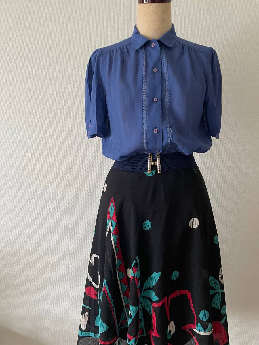 *vintage オンワード ブルー レースブラウス 80's 90's拍卖