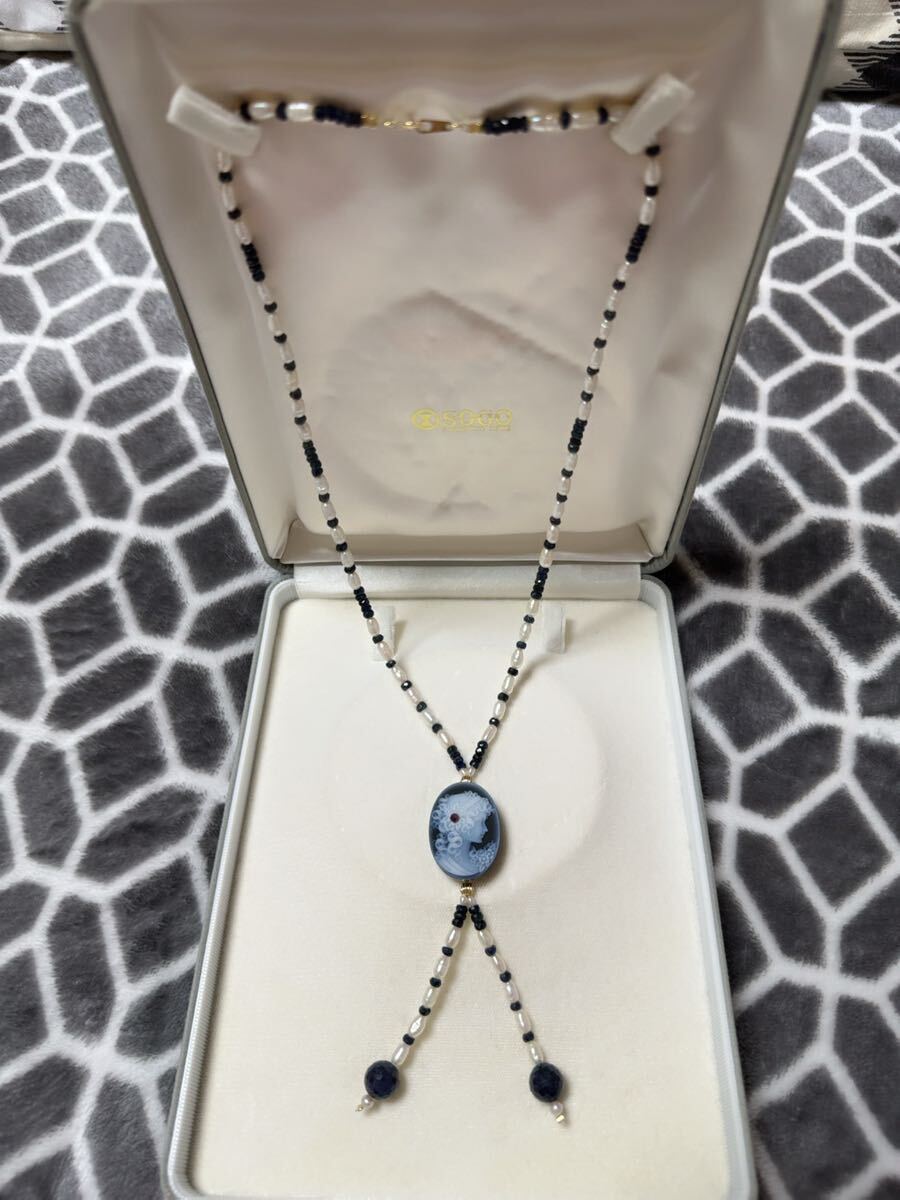 K18金パール&サファイア&瑪瑙カメオコンビデザインネックレス 52cm+10cm拍卖