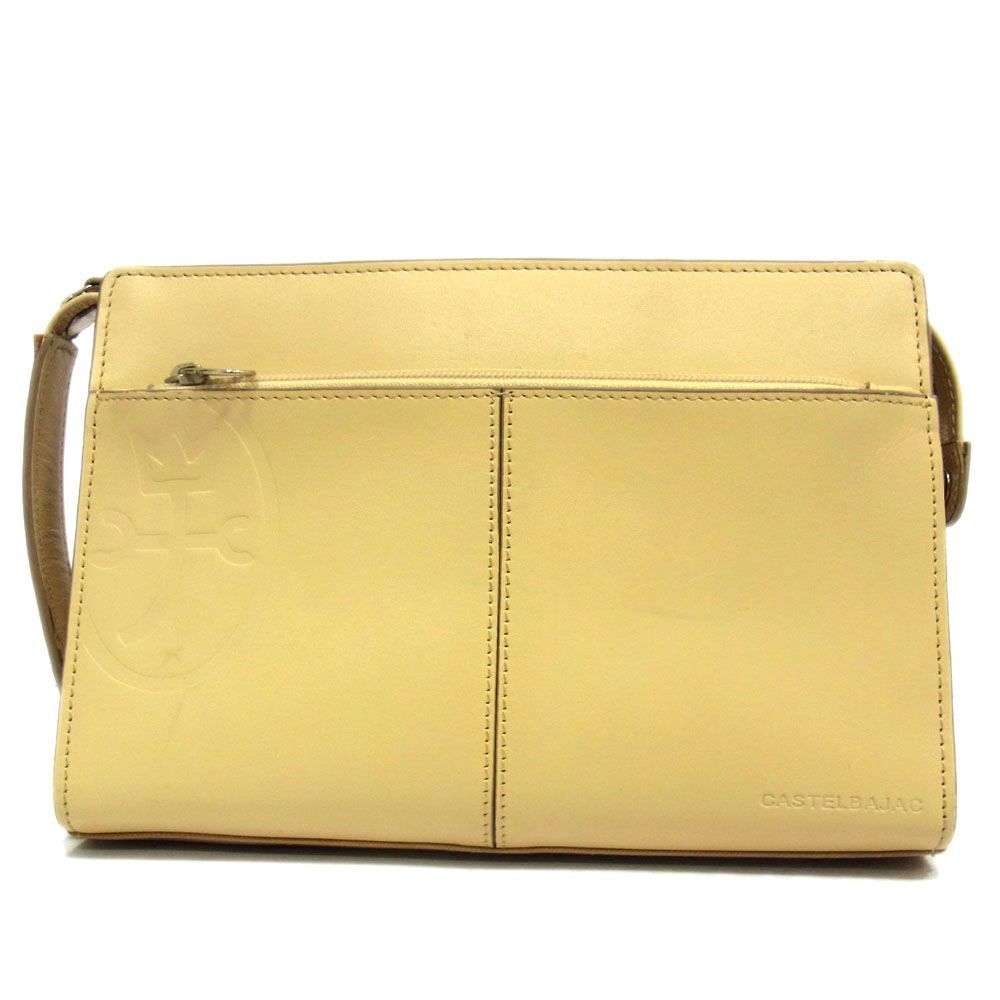 $ 美品 $ レア♪■ CASTELBAJAC ■ カステルバジャック■ ロゴ入り 本革 レザー製・セカンドバッグ ポーチ■ イエローベージュ■ストラップ拍卖