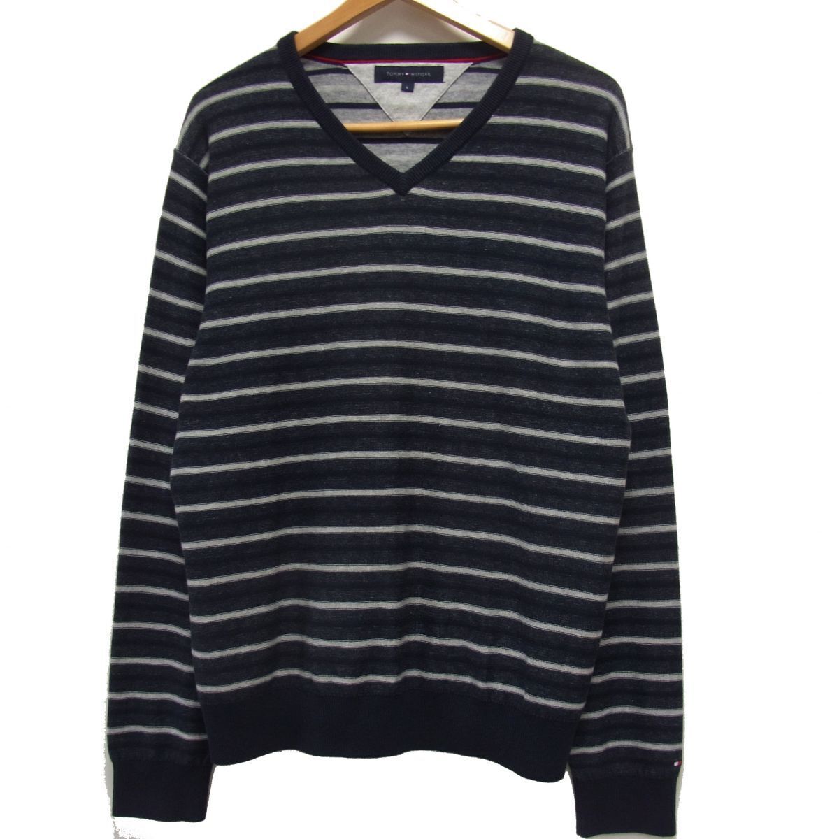 $ 極美品 $ 薄手♪■ TOMMY HILFIGER トミーヒルフィガー■ ウール混 Vネック セーター■メンズ L ■ グレー×ネイビー■ ボーダー 総柄 秋拍卖